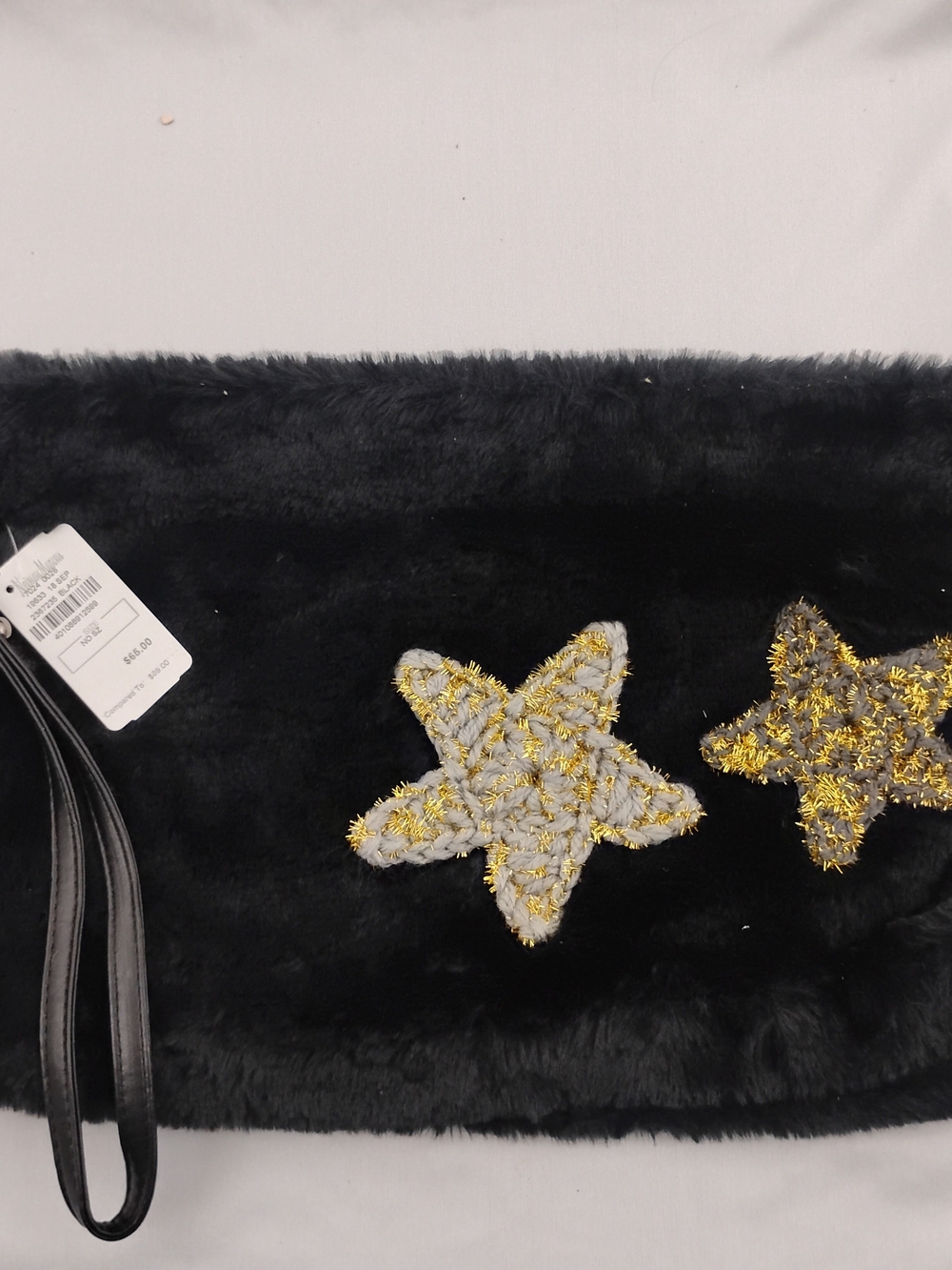 Evelyn K New York Black Faux Fur Star Appliqué Wristlet Clutch with Gold Stars
